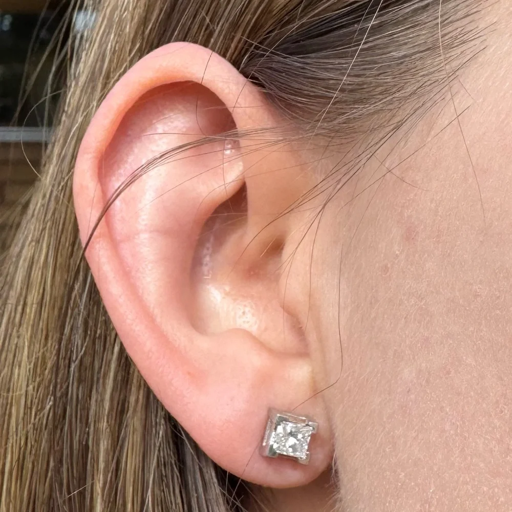 Vintage 14k Solid White Gold Natural‎ High Quality Princess Cut Diamond Earrings